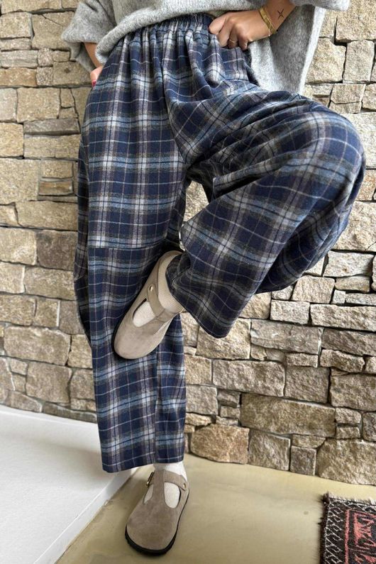 Patrick Plaid Brushed Cotton Barrel Pant Blue