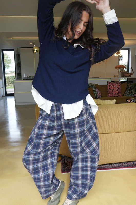 Patrick Plaid Brushed Cotton Barrel Pant Blue /100 pre order 2 weeks 