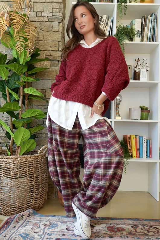 Patrick Plaid Brushed Cotton Barrel Pant Burgundy