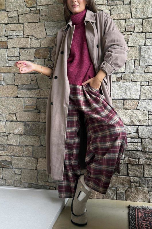 Patrick Plaid Brushed Cotton Barrel Pant Burgundy