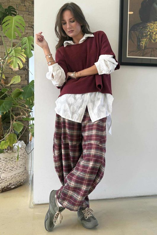 Patrick Plaid Brushed Cotton Barrel Pant Burgundy
