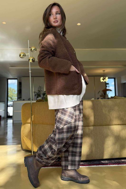 Patrick Plaid Brushed Cotton Barrel Pant Chocolate