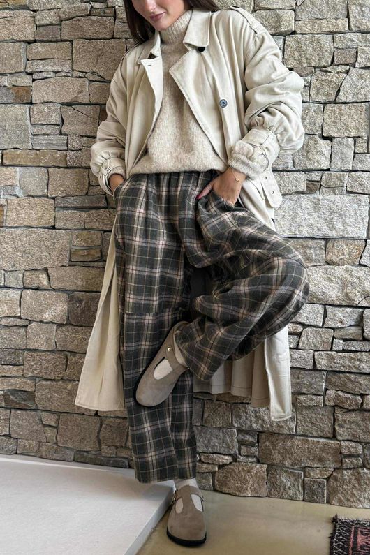 Patrick Plaid Brushed Cotton Barrel Pant Khaki