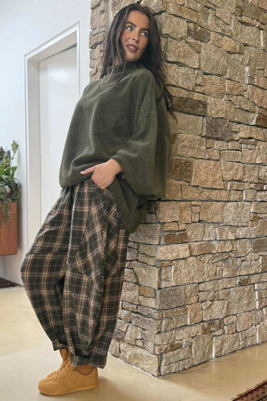 Patrick Plaid Brushed Cotton Barrel Pant Khaki
