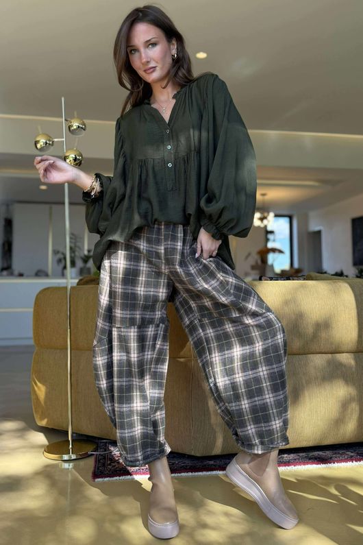 Patrick Plaid Brushed Cotton Barrel Pant Khaki