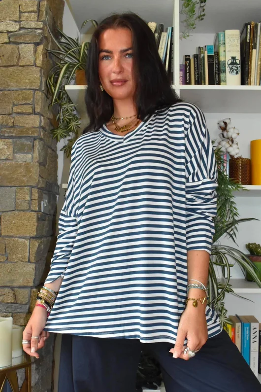 Perfect Breton V Long Sleeve Top Dark Denim 