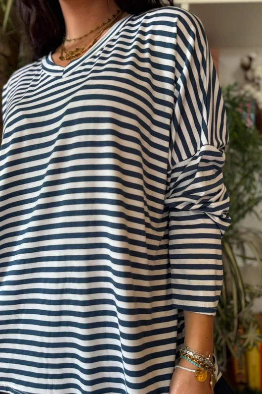 Perfect Breton V Long Sleeve Top Dark Denim 