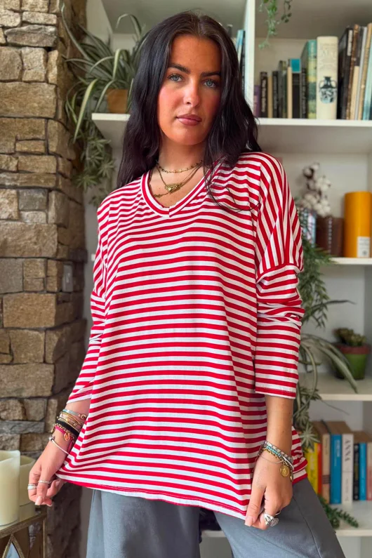 Perfect Breton V Long Sleeve Top Rouge 