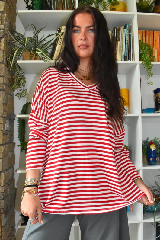 Perfect Breton V Long Sleeve Top Rouge 