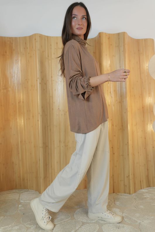 Perfect Layering Ruffle Neck Top Mocha