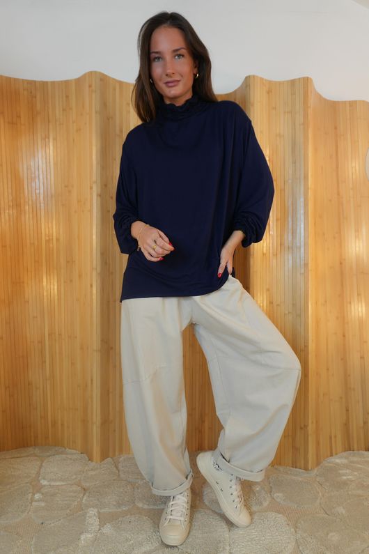 Perfect Layering Ruffle Neck Top Navy