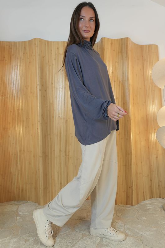 Perfect Layering Ruffle Neck Top Smoke Grey