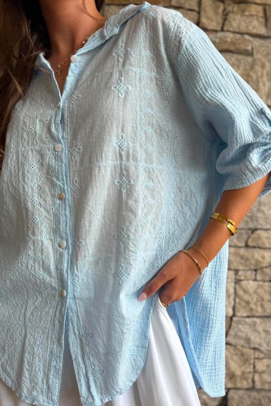 Pia Pillow Cotton Embroidered Tile Classic Shirt Baby Blue