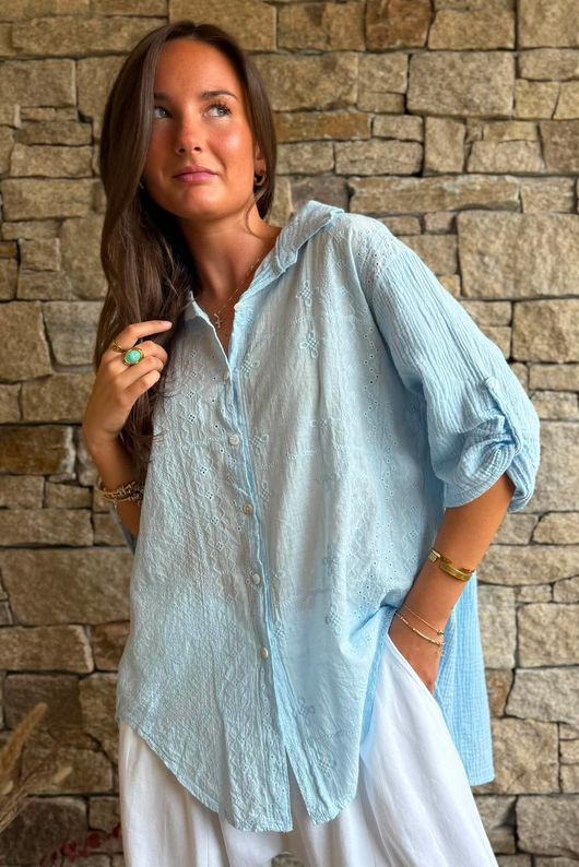 Pia Pillow Cotton Embroidered Tile Classic Shirt Baby Blue