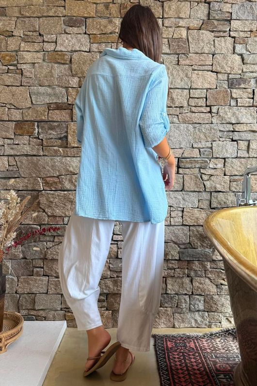 Pia Pillow Cotton Embroidered Tile Classic Shirt Baby Blue