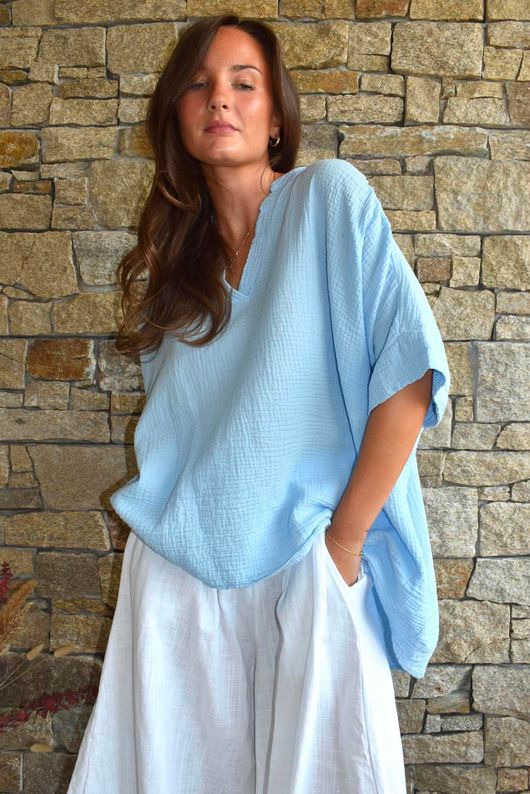 Pia Pillow Cotton Oversized Pop Over Blouse Sky