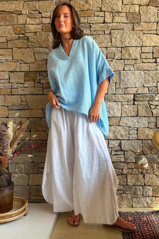 Pia Pillow Cotton Oversized Pop Over Blouse Sky