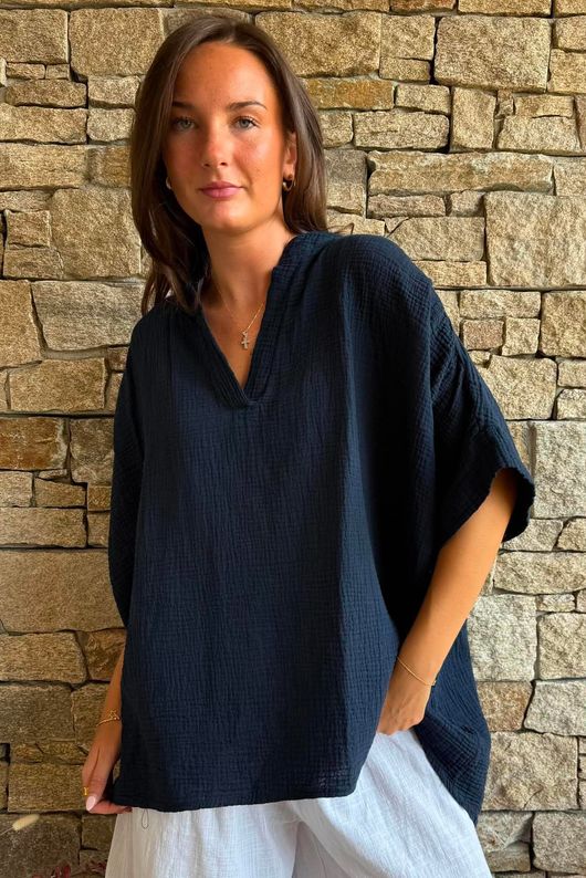 Pia Pillow Cotton Oversized Pop Over Blouse Navy