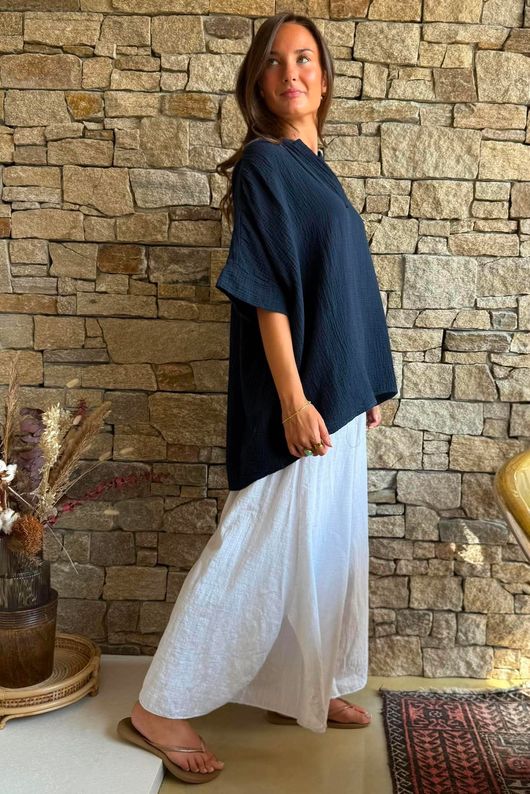 Pia Pillow Cotton Oversized Pop Over Blouse Navy