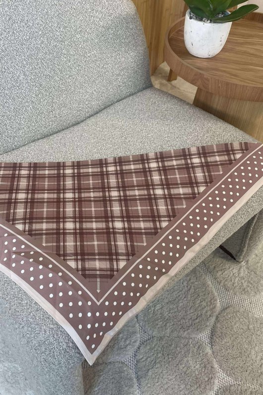 Plaid & Polka Border Triangle Silk Neckerchief Almond