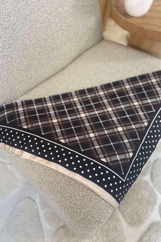 Plaid & Polka Border Triangle Silk Neckerchief Black