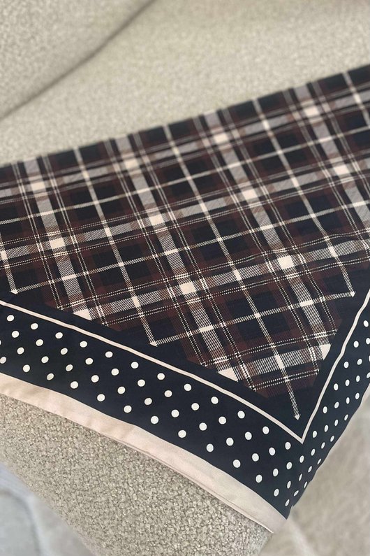 Plaid & Polka Border Triangle Silk Neckerchief Black