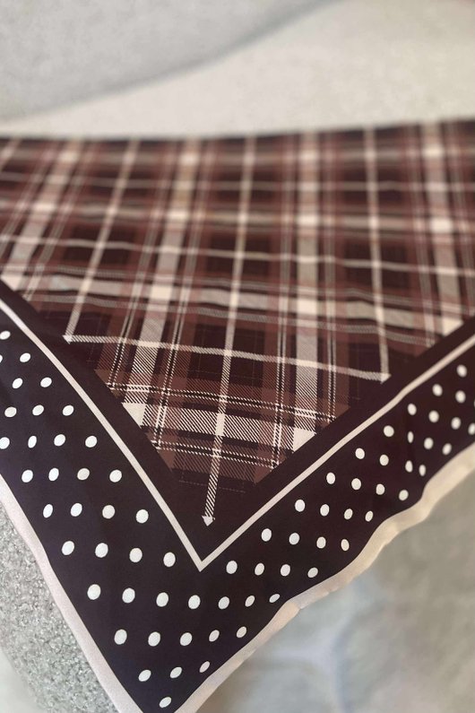 Plaid & Polka Border Triangle Silk Neckerchief Brown