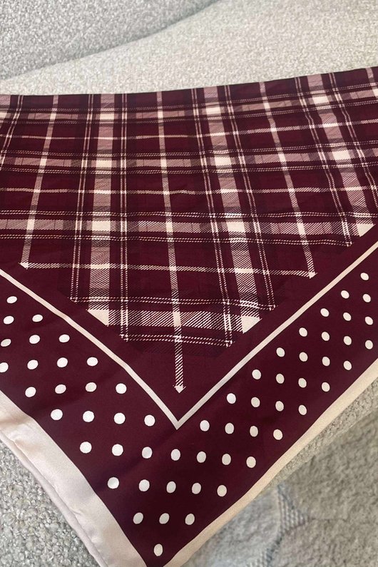 Plaid & Polka Border Triangle Silk Neckerchief Burgundy