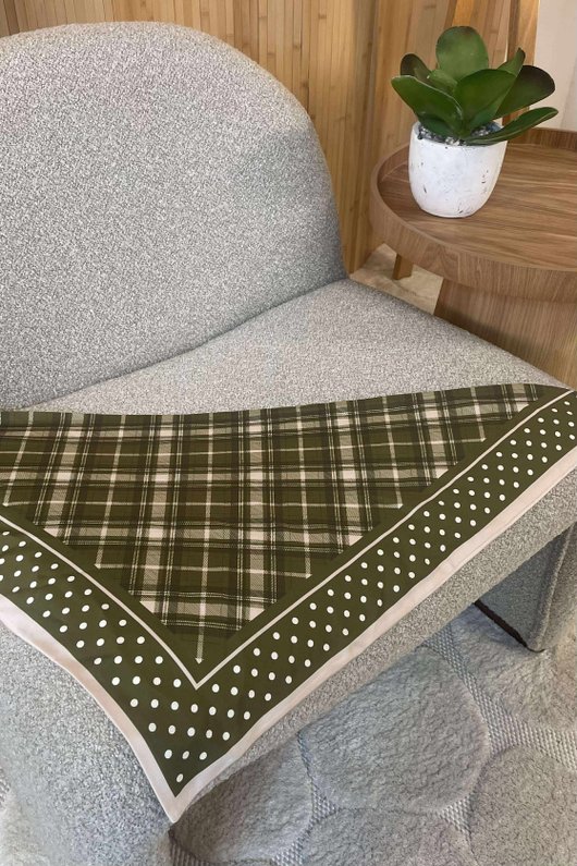 Plaid & Polka Border Triangle Silk Neckerchief Deep Khaki