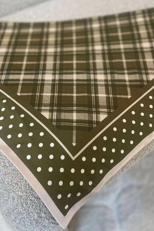 Plaid & Polka Border Triangle Silk Neckerchief Deep Khaki