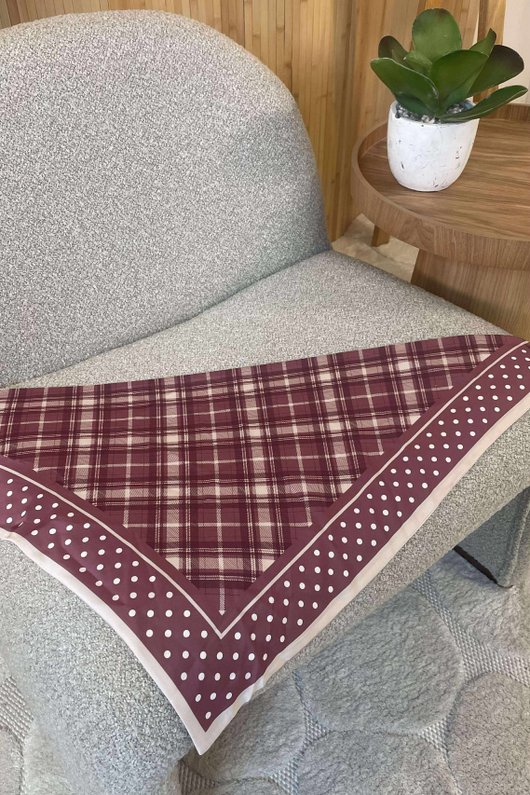 Plaid & Polka Border Triangle Silk Neckerchief Deep Rose
