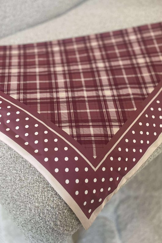 Plaid & Polka Border Triangle Silk Neckerchief Deep Rose