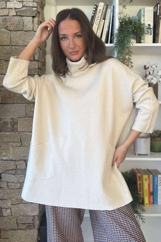 Purdy Roll Neck Luxury Blanket Knit Stone /12
