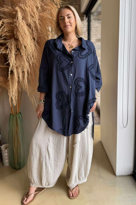 Pure Cotton Raggy Heart High Low Shirt Navy /11 =