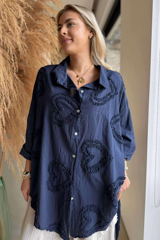 Pure Cotton Raggy Heart High Low Shirt Navy