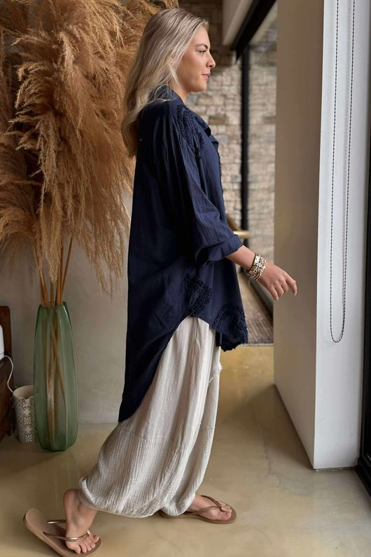 Pure Cotton Raggy Heart High Low Shirt Navy