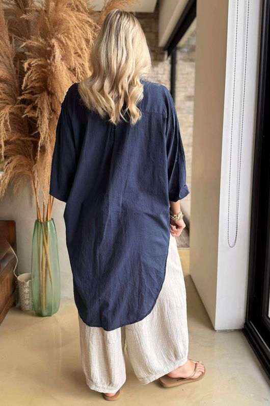 Pure Cotton Raggy Heart High Low Shirt Navy