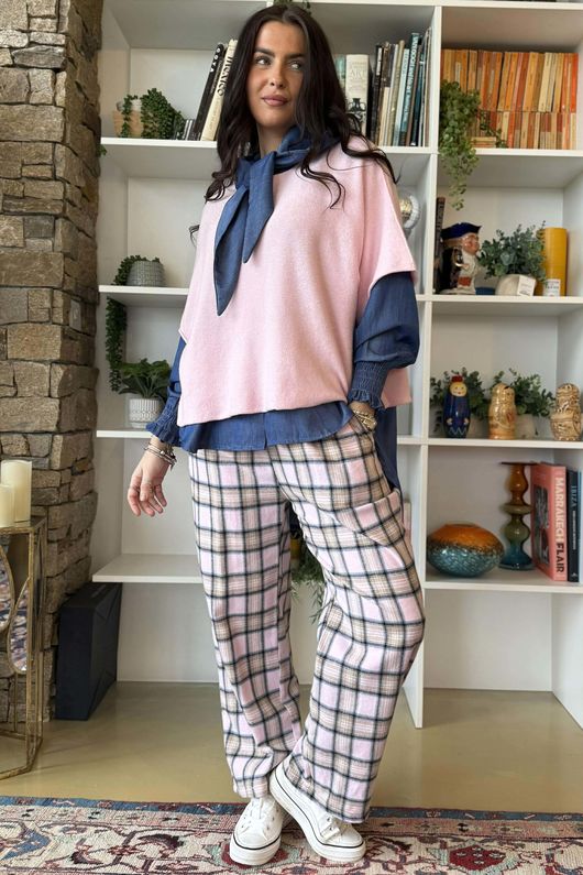 Rhona Plaid Brushed Cotton Kick Pant Pink -