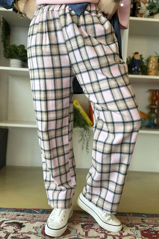Rhona Plaid Brushed Cotton Kick Pant Pink 