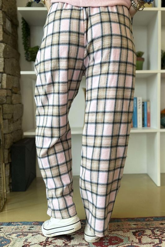 Rhona Plaid Brushed Cotton Kick Pant Pink 
