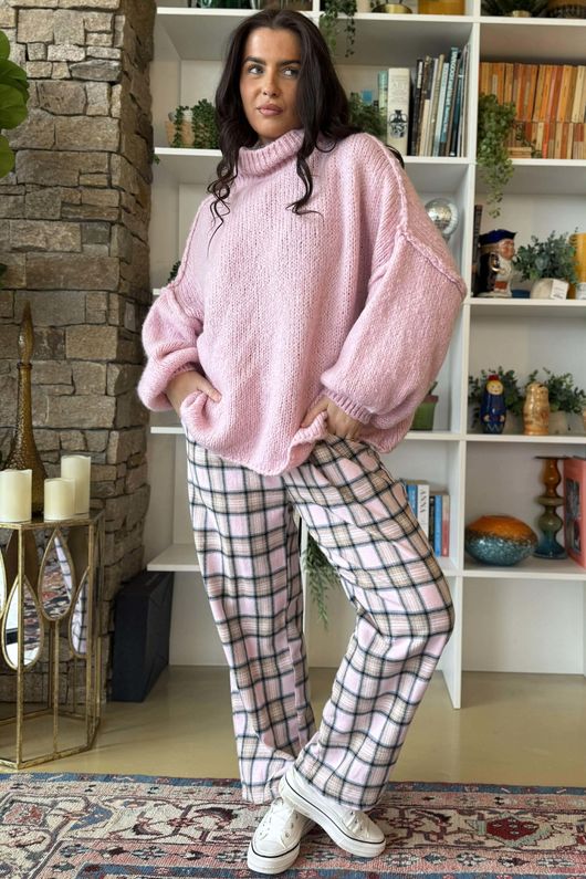 Rhona Plaid Brushed Cotton Kick Pant Pink 