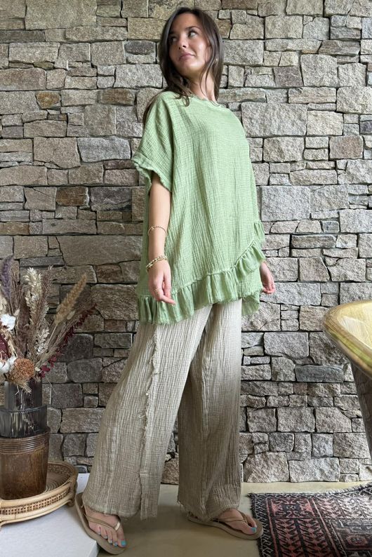 Rustic Nature Bubble Cotton Raw Frill Top Washed Lawn