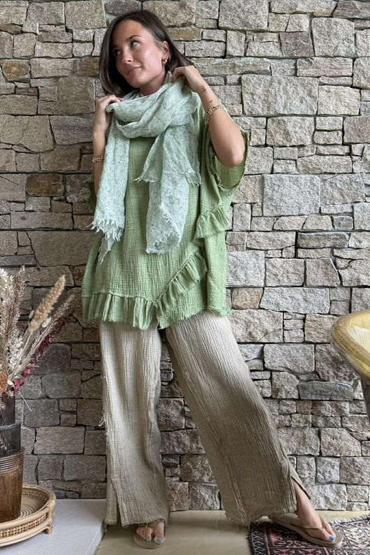 Rustic Nature Bubble Cotton Raw Frill Top Washed Lawn