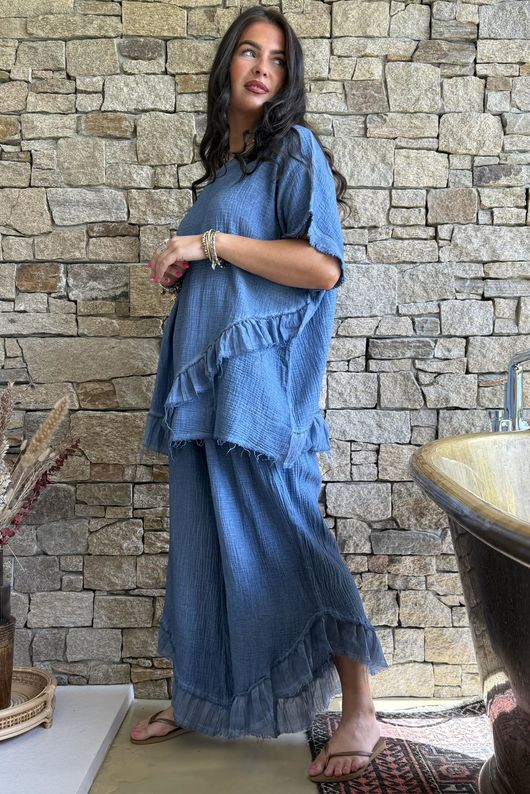 Rustic Nature Bubble Cotton Raw Frill Top Washed Denim
