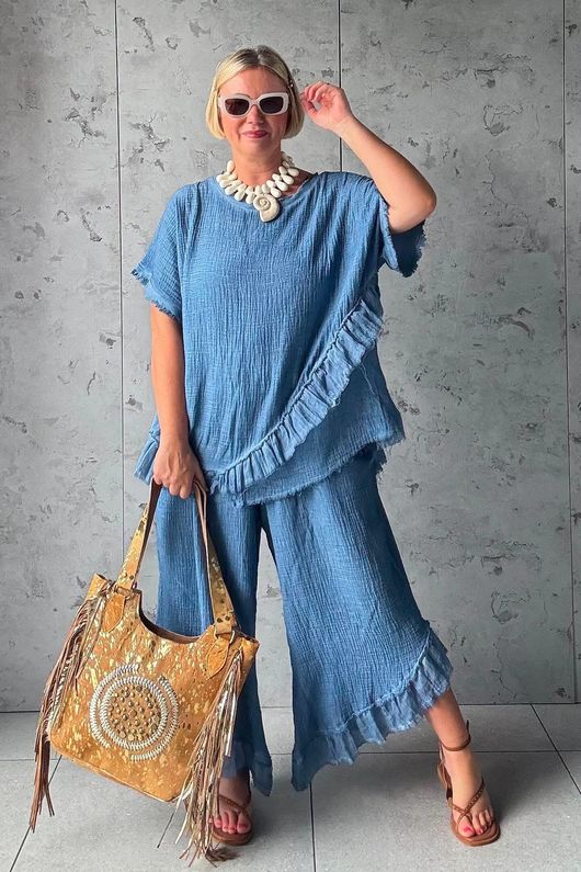 Rustic Nature Bubble Cotton Raw Frill Top Washed Denim