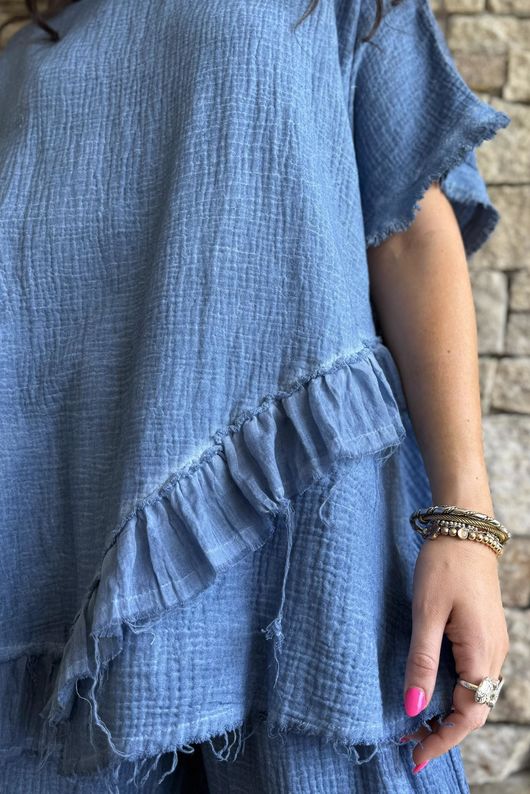 Rustic Nature Bubble Cotton Raw Frill Top Washed Denim