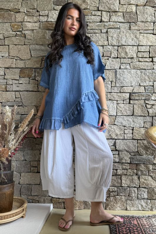 Rustic Nature Bubble Cotton Raw Frill Top Washed Denim