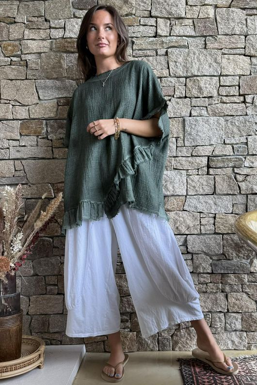 Rustic Nature Bubble Cotton Raw Frill Top Washed Moss