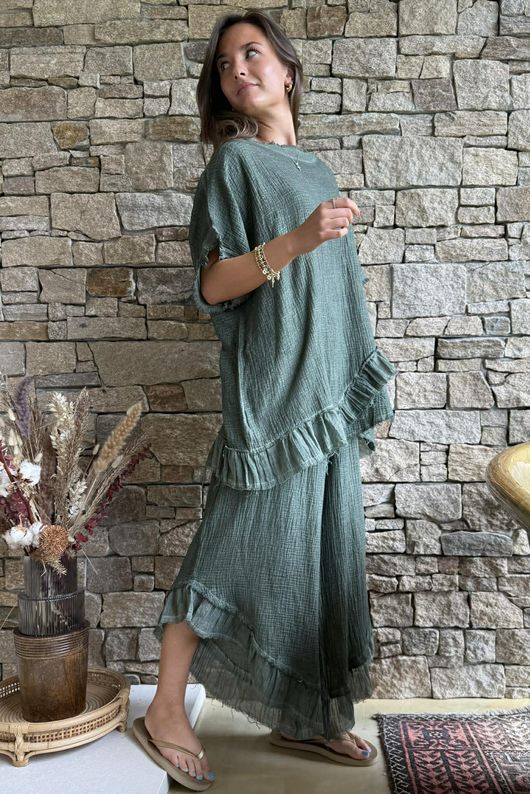 Rustic Nature Bubble Cotton Raw Frill Top Washed Moss