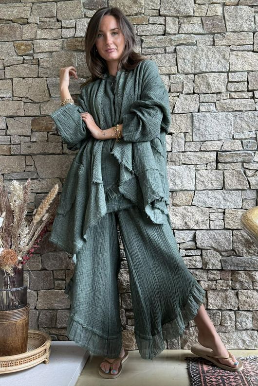 Rustic Nature Bubble Cotton Raw Frill Top Washed Moss